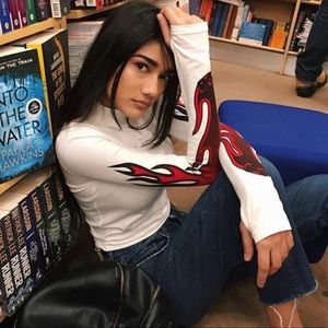 White cropped long sleeve with flames